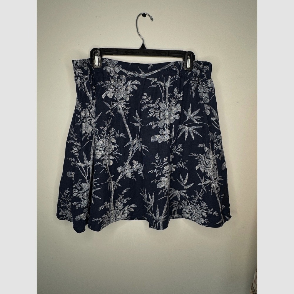 LOFT Navy Blue Floral Linen Blend A-Line Skirt Pockets 14 Linen Preppy Coastal